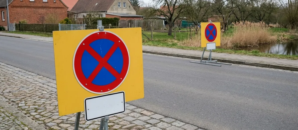 Zwei mobile Halteverbotsschilder mit Zusatzschild stehen am Straßenrand vor einer freien Parkfläche