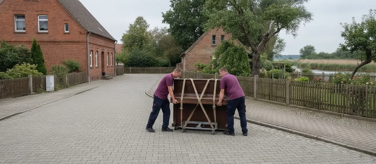 Zwei Umzugskräfte schieben ein mit Gurten gesichertes Klavier auf einem Rollbrett über einen gepflasterten Hof