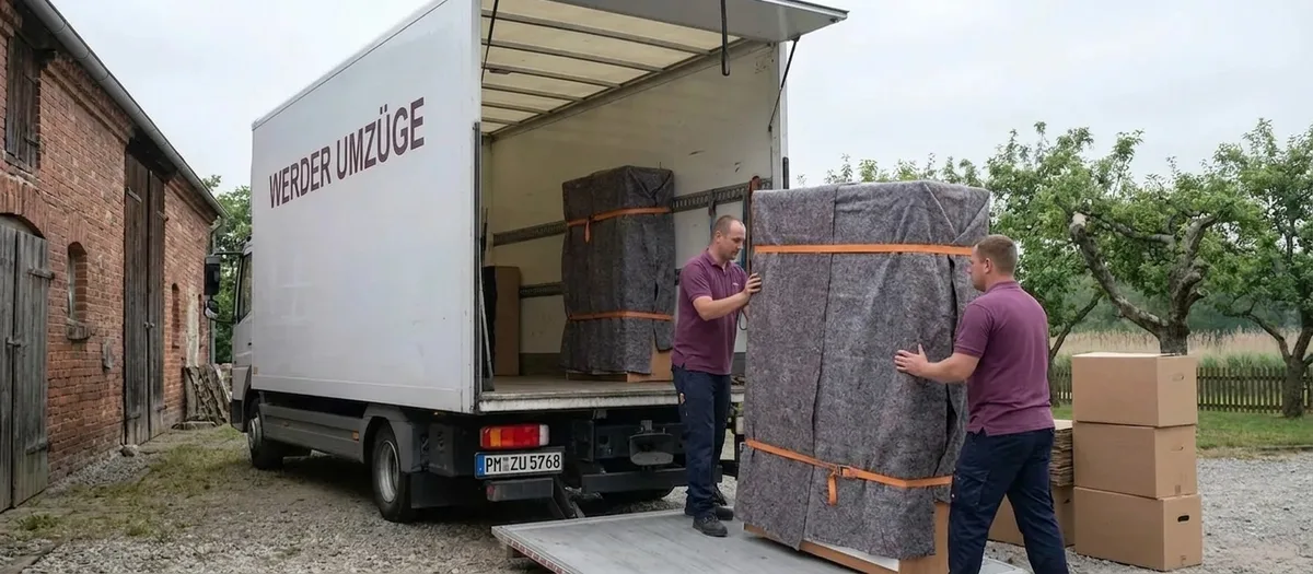 Ein in Decken gewickelter Schrank wird über die Ladebordwand in den Umzugswagen geschoben