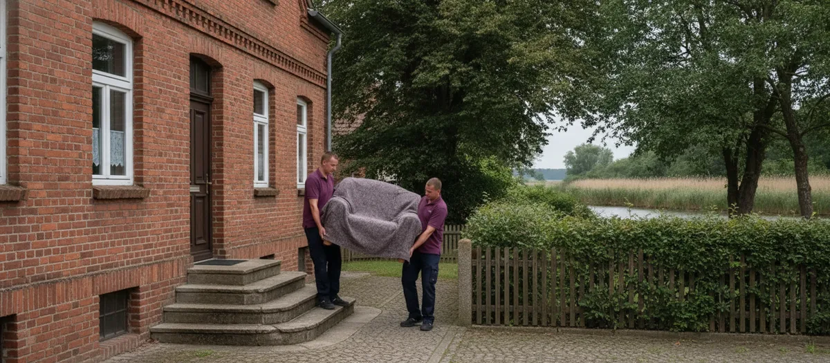 Zwei Umzugskräfte tragen ein in Decken verpacktes Sofa die Stufen eines Backsteinhauses hinunter