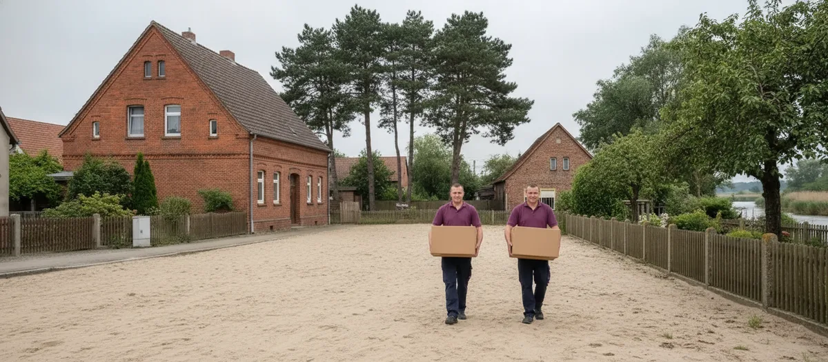 Zwei Umzugskräfte tragen Kartons über den sandigen Hof eines Backsteinhauses am Ortsrand
