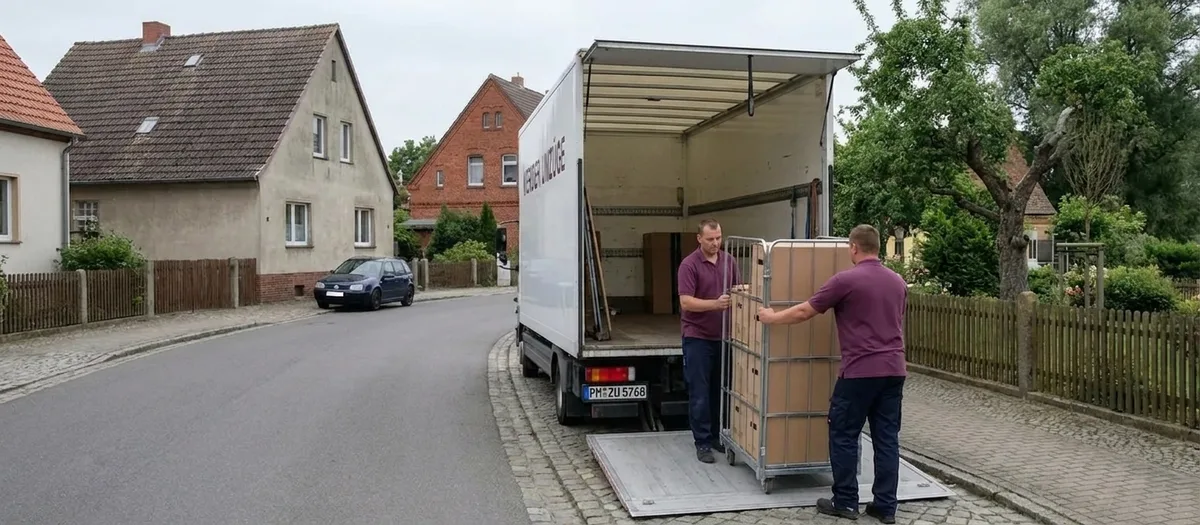 Umzugswagen steht am Bordstein einer Kleinstadtstraße, zwei Helfer schieben einen Rollcontainer zur Rampe
