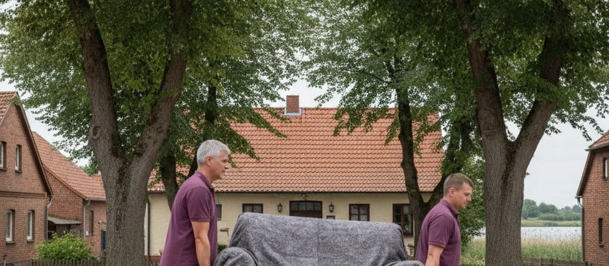 Zwei Helfer tragen ein in Decken verpacktes Sofa über einen Dorfplatz mit alten Linden