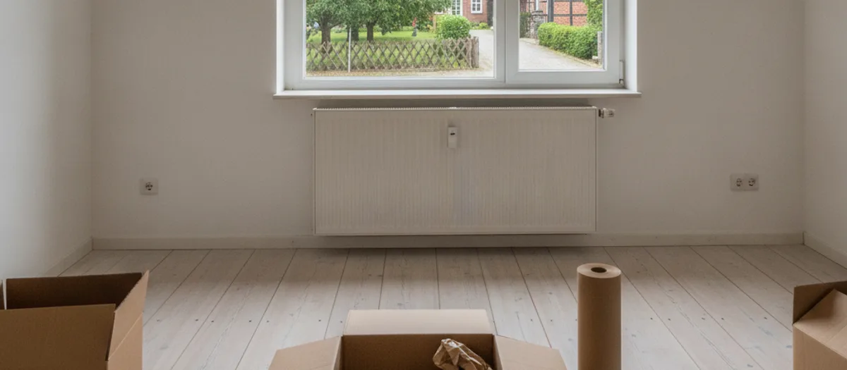 Umzugskartons, eine Rolle Packpapier und Klebeband stehen auf den Dielen eines ausgeräumten Zimmers