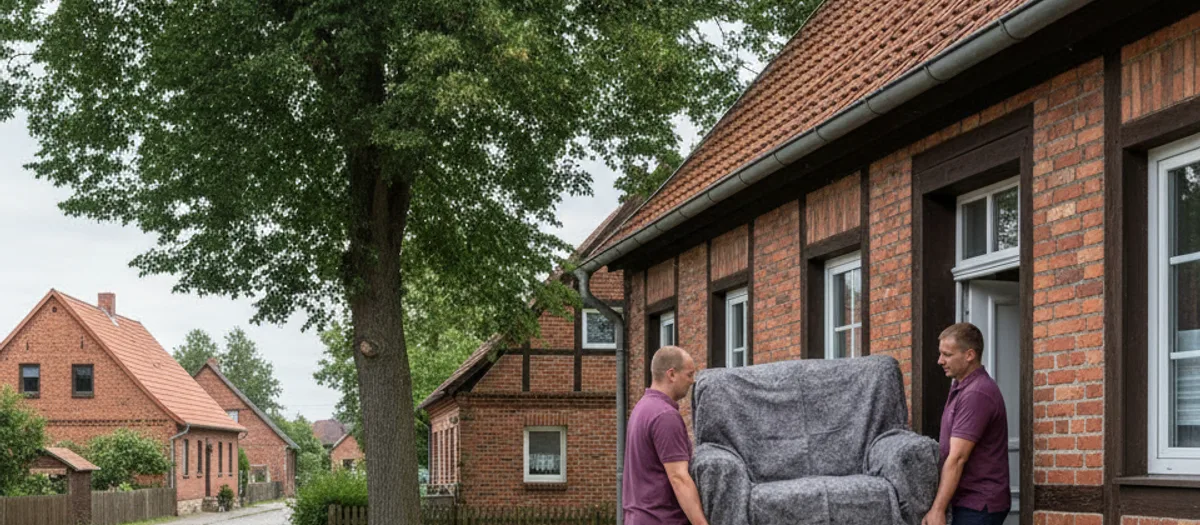 Zwei Umzugshelfer tragen einen in Decken gepackten Sessel durch die Haustür eines Backsteinhauses