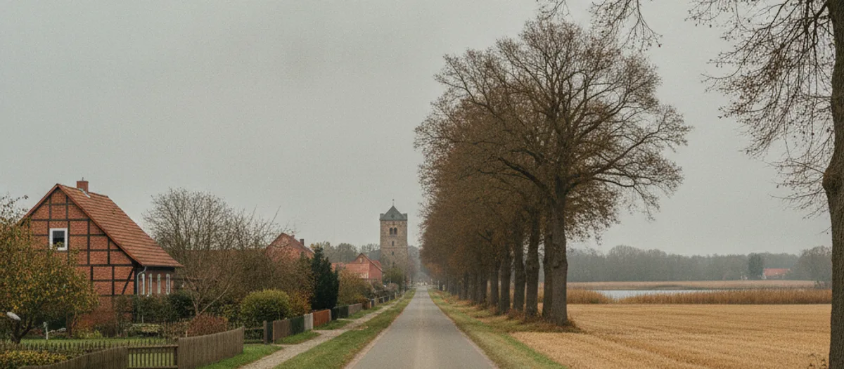 Landstraße zwischen Feldern und alten Bäumen, am Ende der Kirchturm eines Dorfes