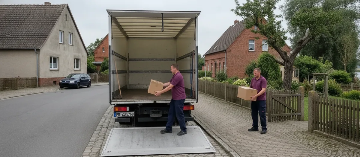 Zwei Umzugshelfer tragen Kartons vom Haus über die Ladebordwand in den offenen Umzugswagen