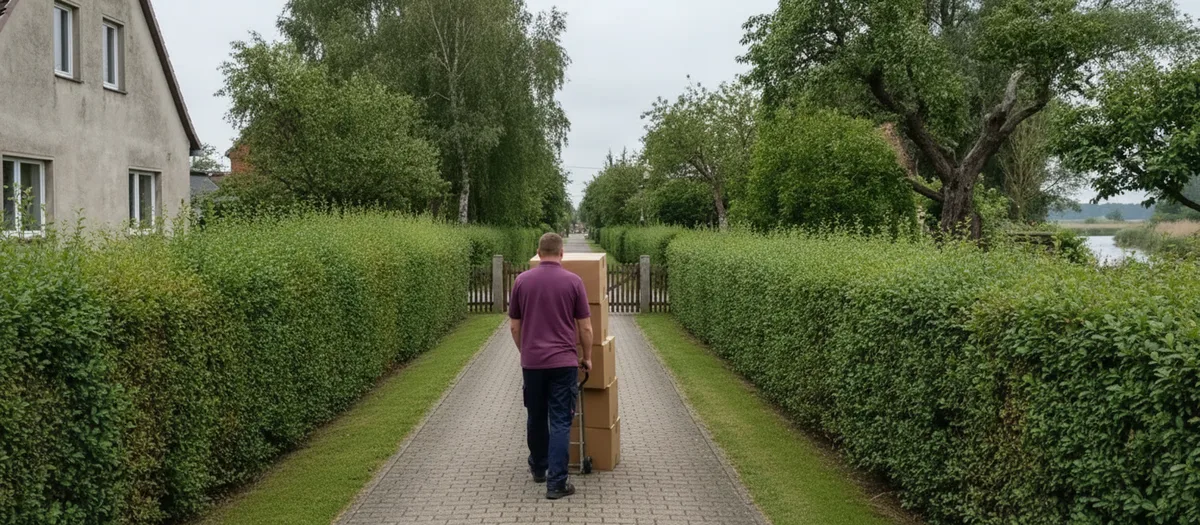 Helfer schiebt einen Rollwagen mit gestapelten Umzugskartons über einen langen Gartenweg zwischen zwei Hecken