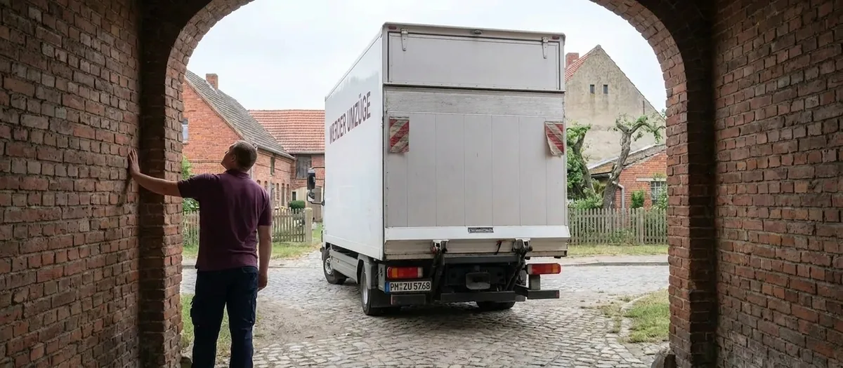 Umzugskraft steht in einer Hofdurchfahrt aus Backstein und prüft die Durchfahrtshöhe, dahinter wartet der Umzugswagen